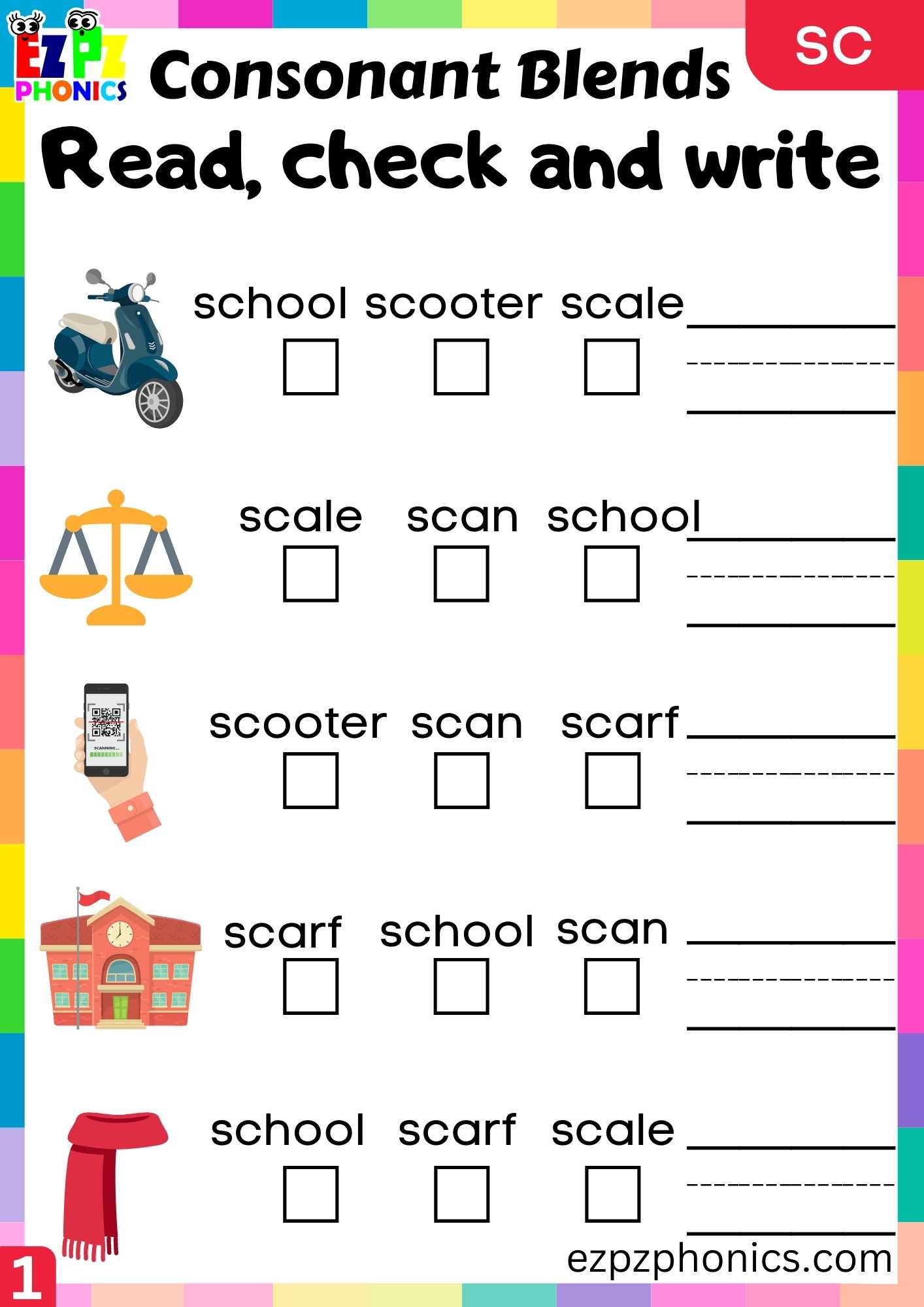 Group1 SC Words Read, Check And Write Phonics Consonant Blends Worksheet